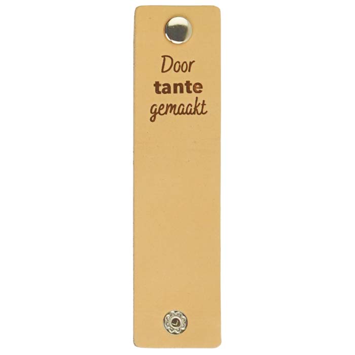 Durable Leren Label - Door Tante Gemaakt 12x3cm-020.1214 | Het Wolhuis Leren Label rechthoekig met drukknoop - Door Tante Gemaakt 12x3cm-001