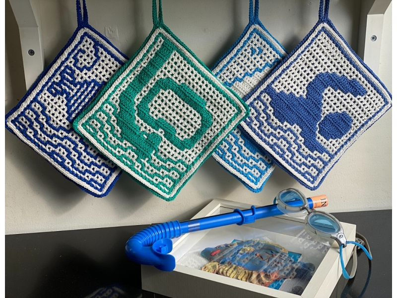 Astrid’s 4 Water sports potholders by Astrid Schandy