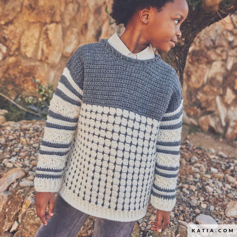 Katia - Kindertrui tweekleurig van Basic Merino Aran - 111-01 | Het Wolhuis Katia - Kindertrui tweekleurig van Basic Merino Aran - 111-01